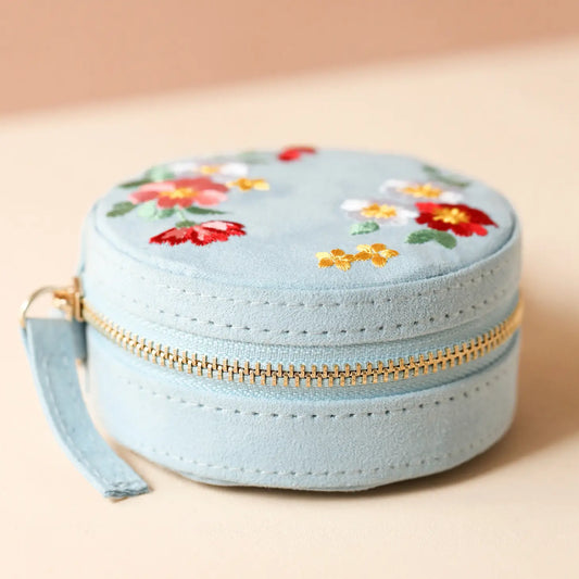 Jewelry Case - Embroidered Flowers Mini Round Velvet