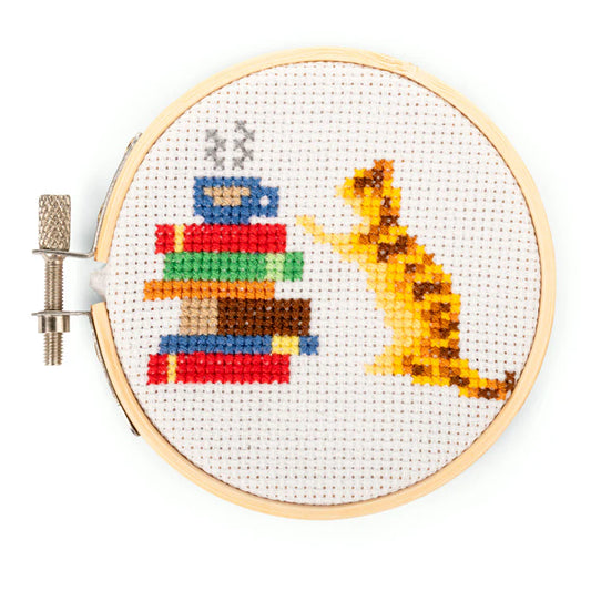 Mini Cross Stitch Embroidery Kit - Cat and Books