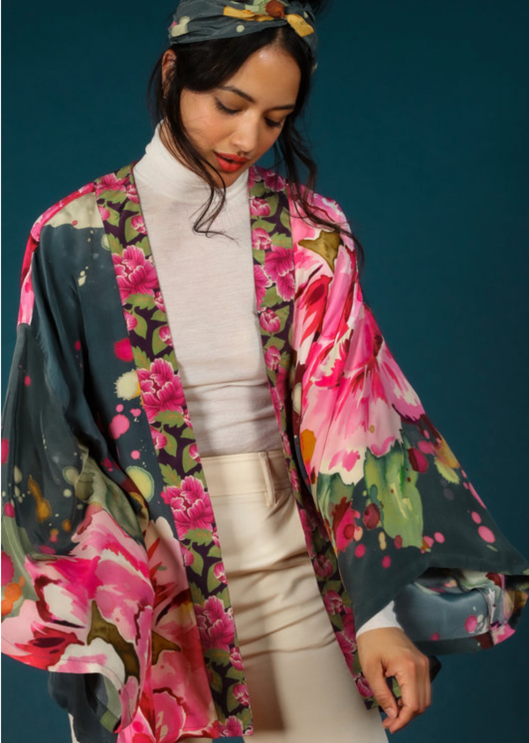 Painted Peony Kimono Jacket - Charcoal
