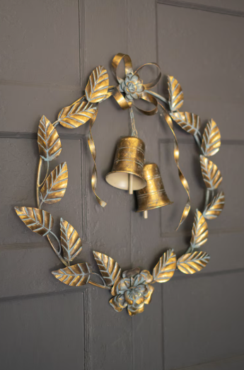 Antique Brass Christmas Wreath with Leaves and Bells
