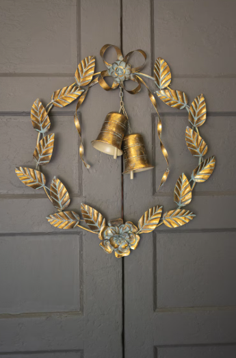 Antique Brass Christmas Wreath with Leaves and Bells