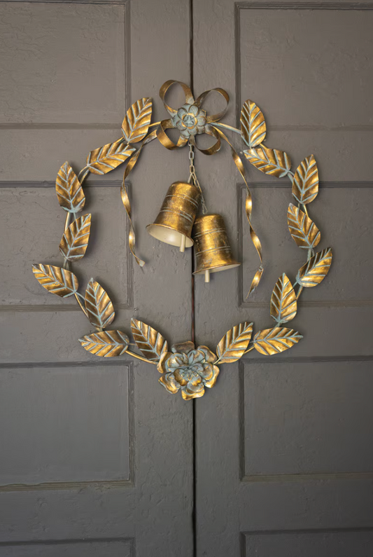 Antique Brass Christmas Wreath with Leaves and Bells