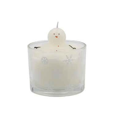 Unscented Melting Snowman Candle In Glass Vessel with Snowflakes, White