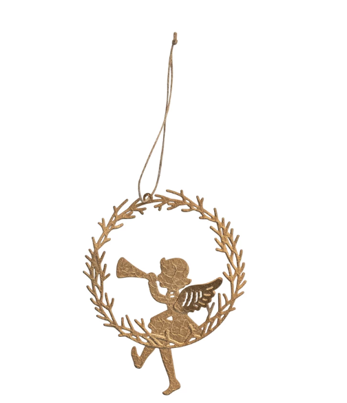 Metal Angel Sitting on Wreath with Trumpet Ornament