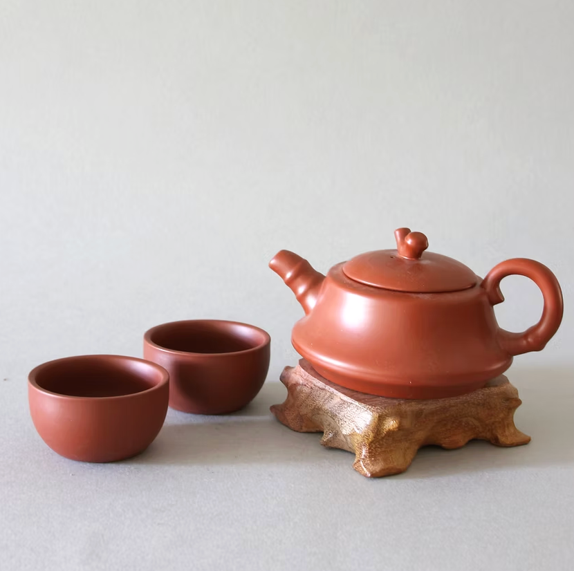 Yixing Red Bamboo Teapot & 2 Cups