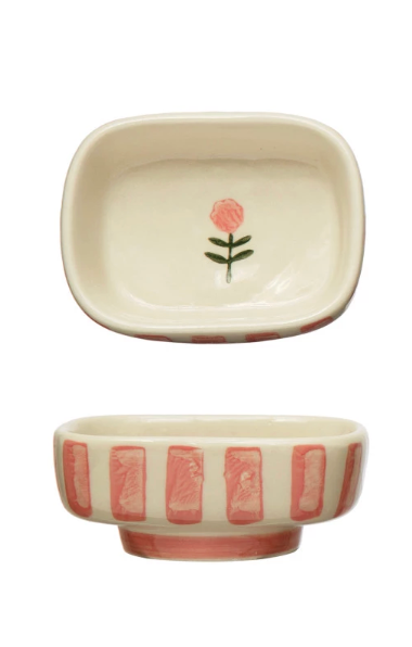 Hand-Painted Stoneware Dish w/ Stripes & Flower