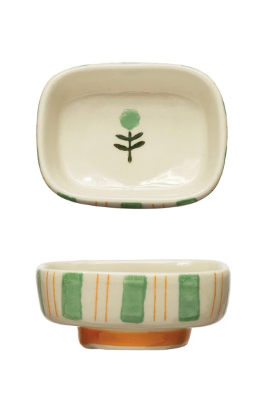 Hand-Painted Stoneware Dish w/ Stripes & Flower