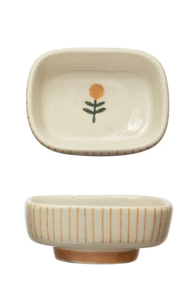Hand-Painted Stoneware Dish w/ Stripes & Flower