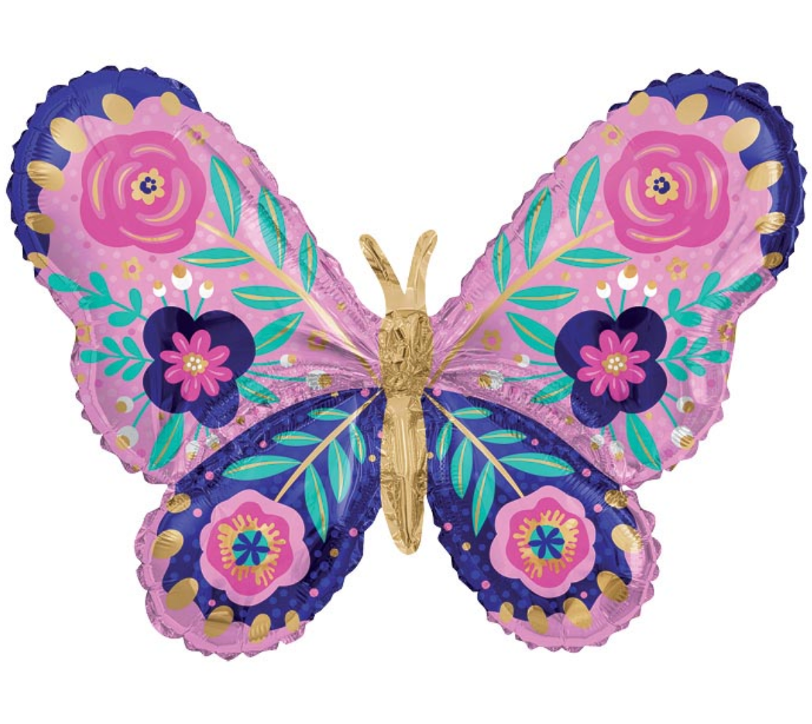36" PKG ANI BLUE FLORAL BUTTERFLY SHAPE BALLOON