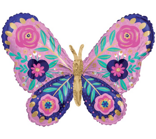 36" PKG ANI BLUE FLORAL BUTTERFLY SHAPE BALLOON