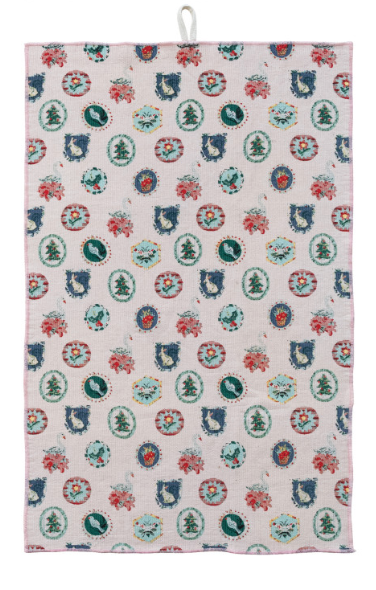 Cotton Printed Terry Cloth Tea Towel with Pattern & Stitched Edge