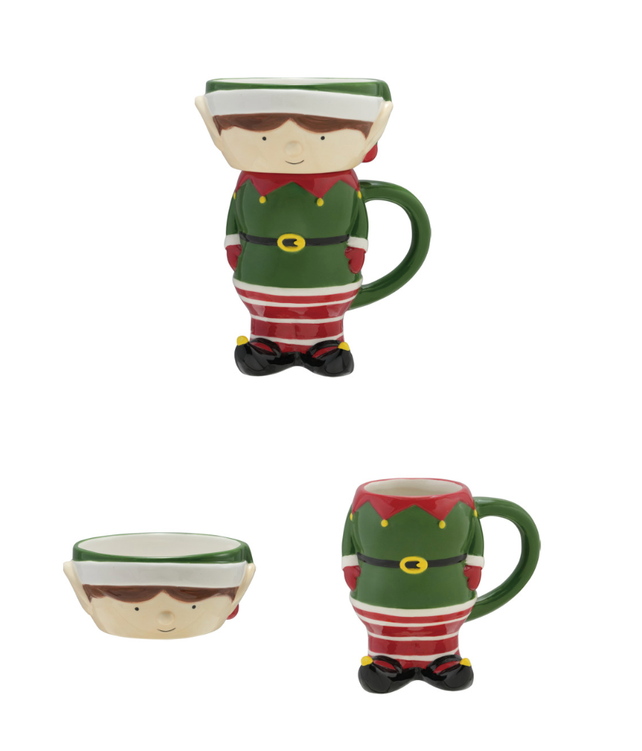 18 oz. Hand-Painted Ceramic Elf Shaped Mug & Stackable Bowl