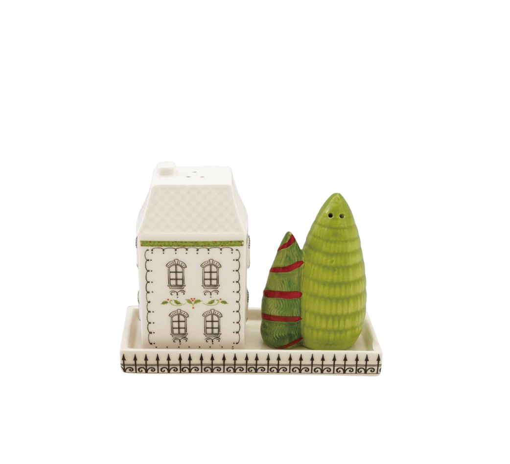 Ceramic House & Trees Shaped Salt & Pepper Shakers with Tray, Set of 3