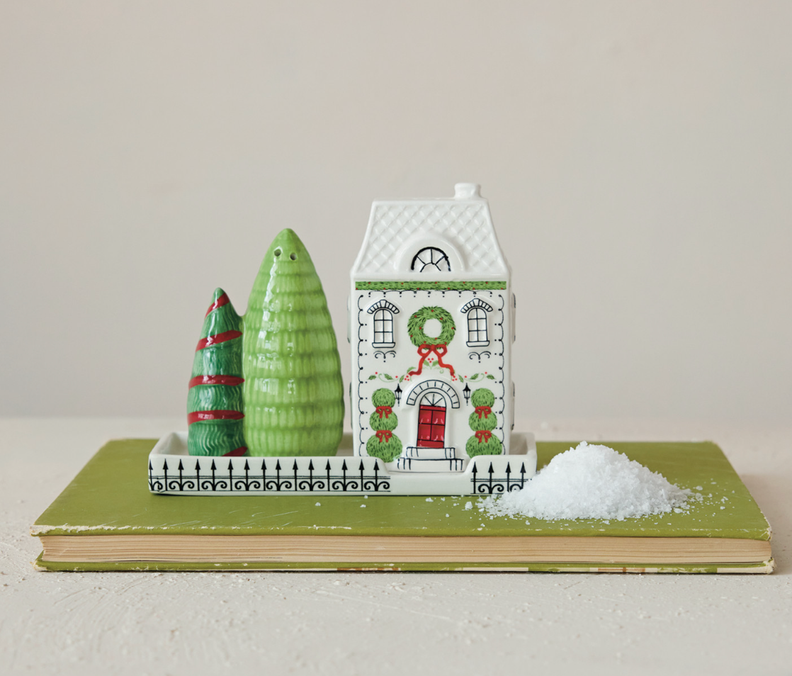 Ceramic House & Trees Shaped Salt & Pepper Shakers with Tray, Set of 3