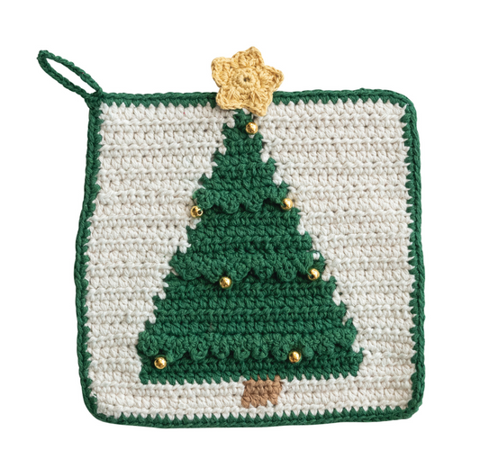 8" Square Cotton Crocheted Pot Holder with Christmas Tree & Beads
