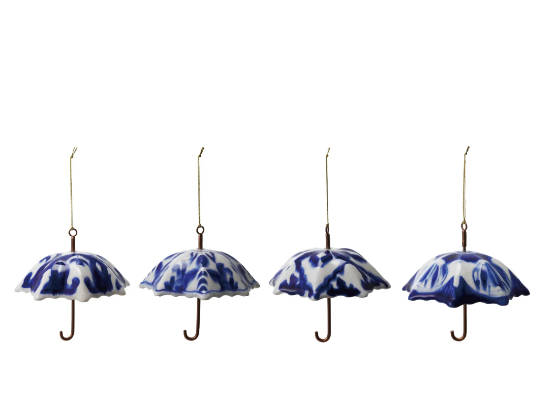 Hand-Painted Stoneware & Metal Umbrella Ornament with Pattern