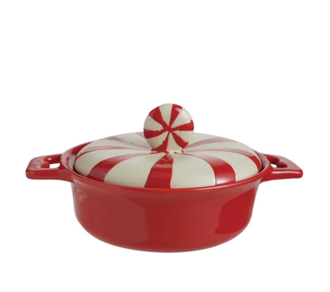 2 Cup Stoneware Baker with Candy Lid & Handle, Red & White