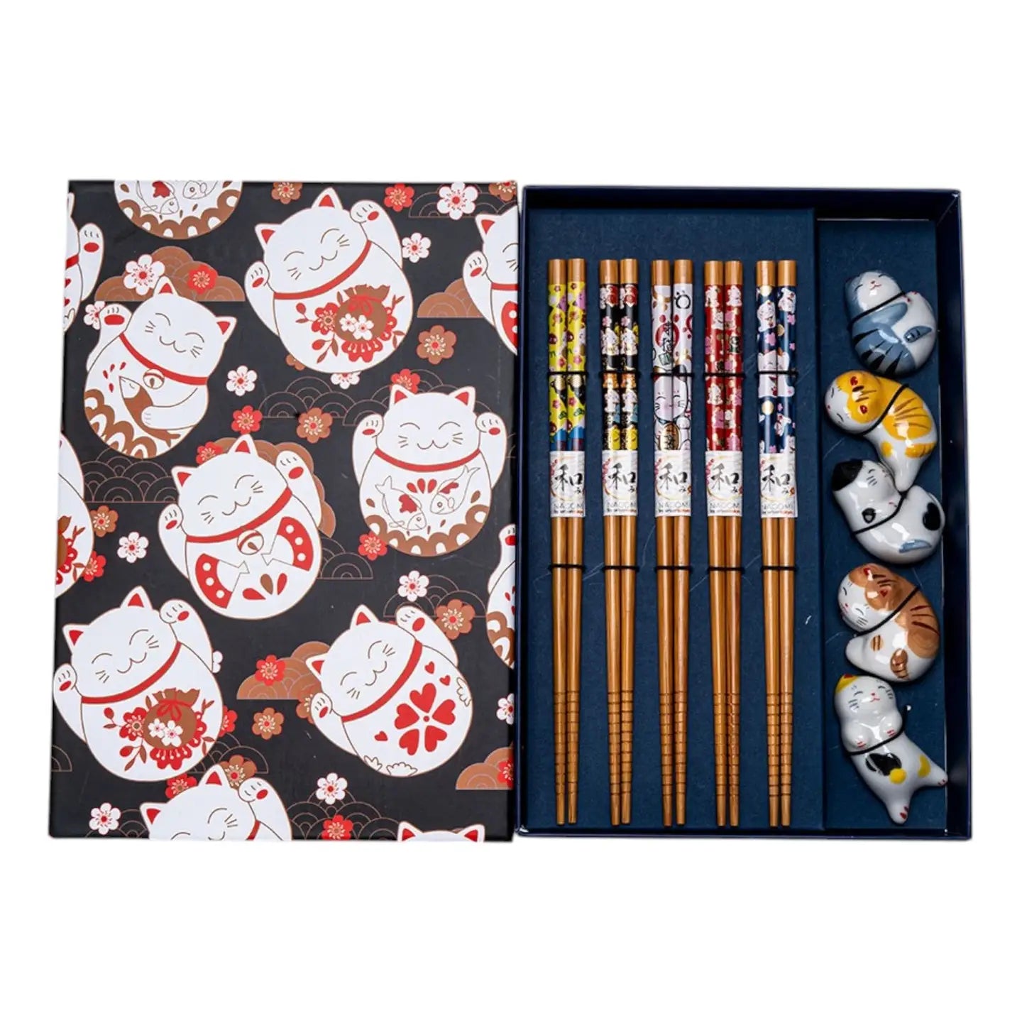 5 Pair Cute Cats Bamboo Chopsticks and Rests Gift Set