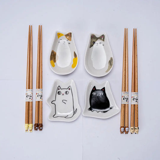 4 Pair Cute Cats Wooden Chopsticks and Sauce Dish Gift Set