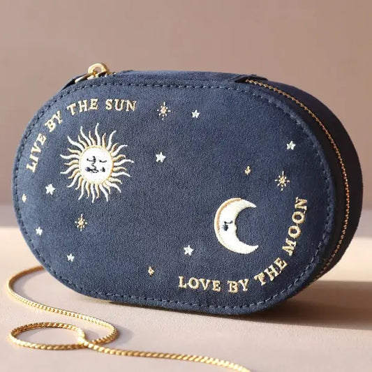 Jewellery Case - Sun and Moon Embroidered Oval in Navy