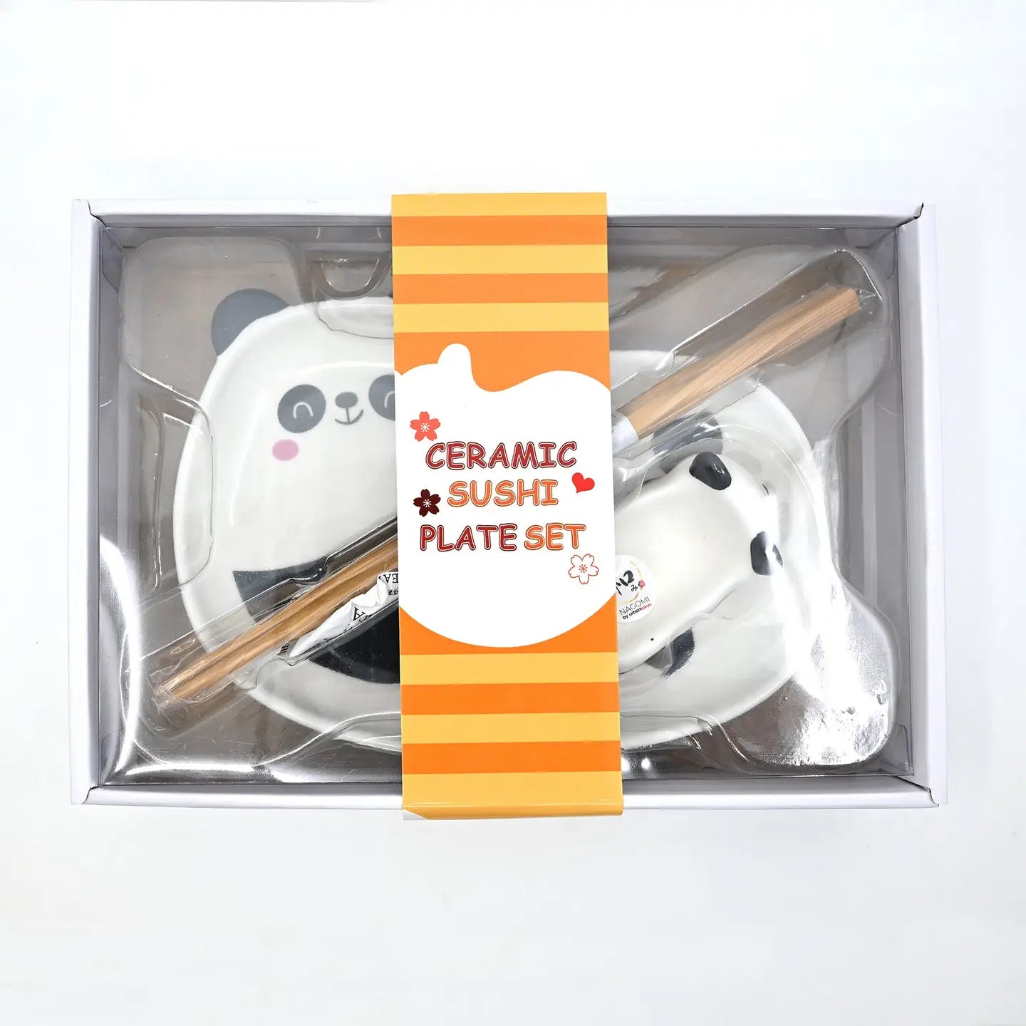 3 Piece Panda 8"L Porcelain Sushi Serving Plate w/ Sauce Dish and Chopsticks Set