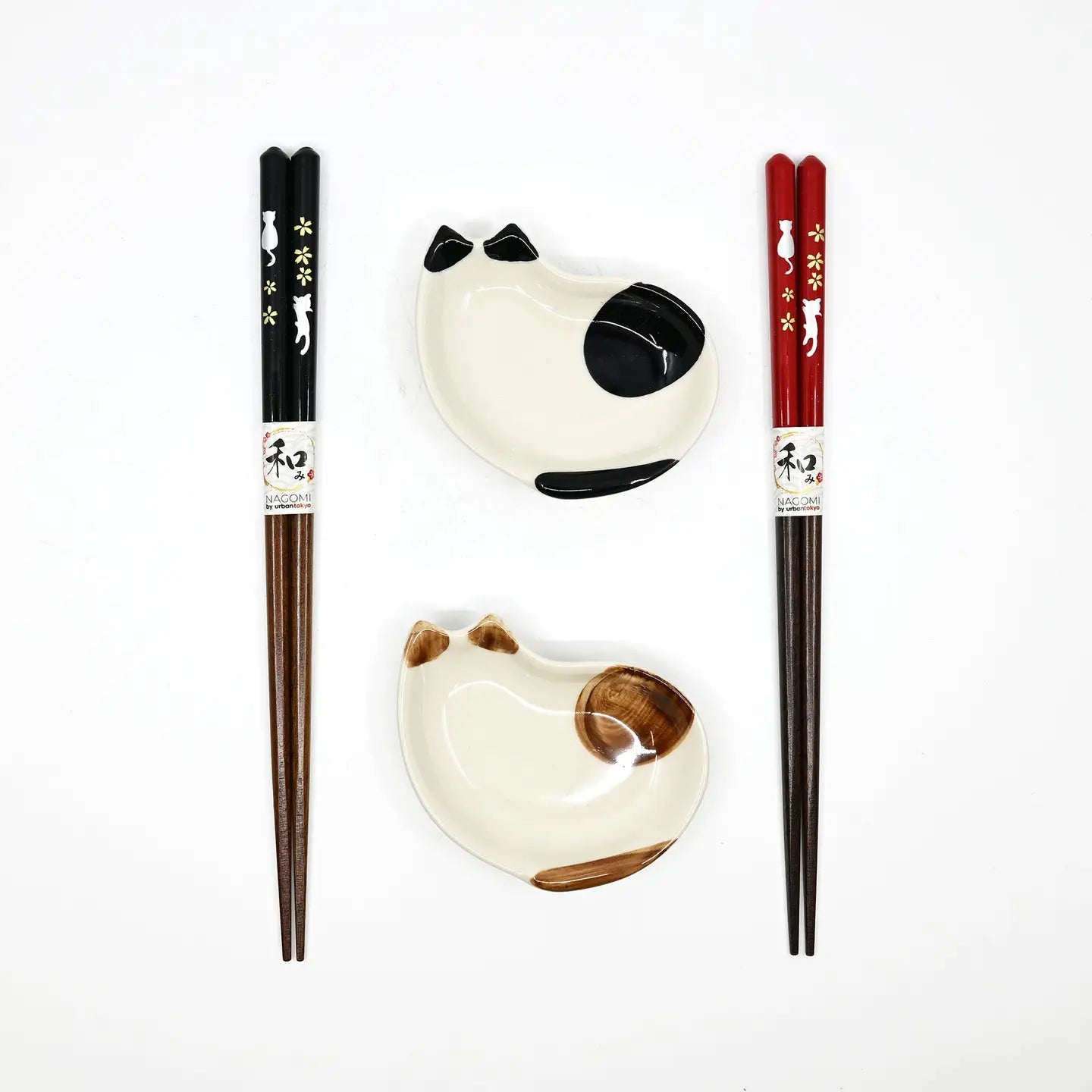 Cats 2 Pair Wooden Chopsticks and Small Dish Gift Set