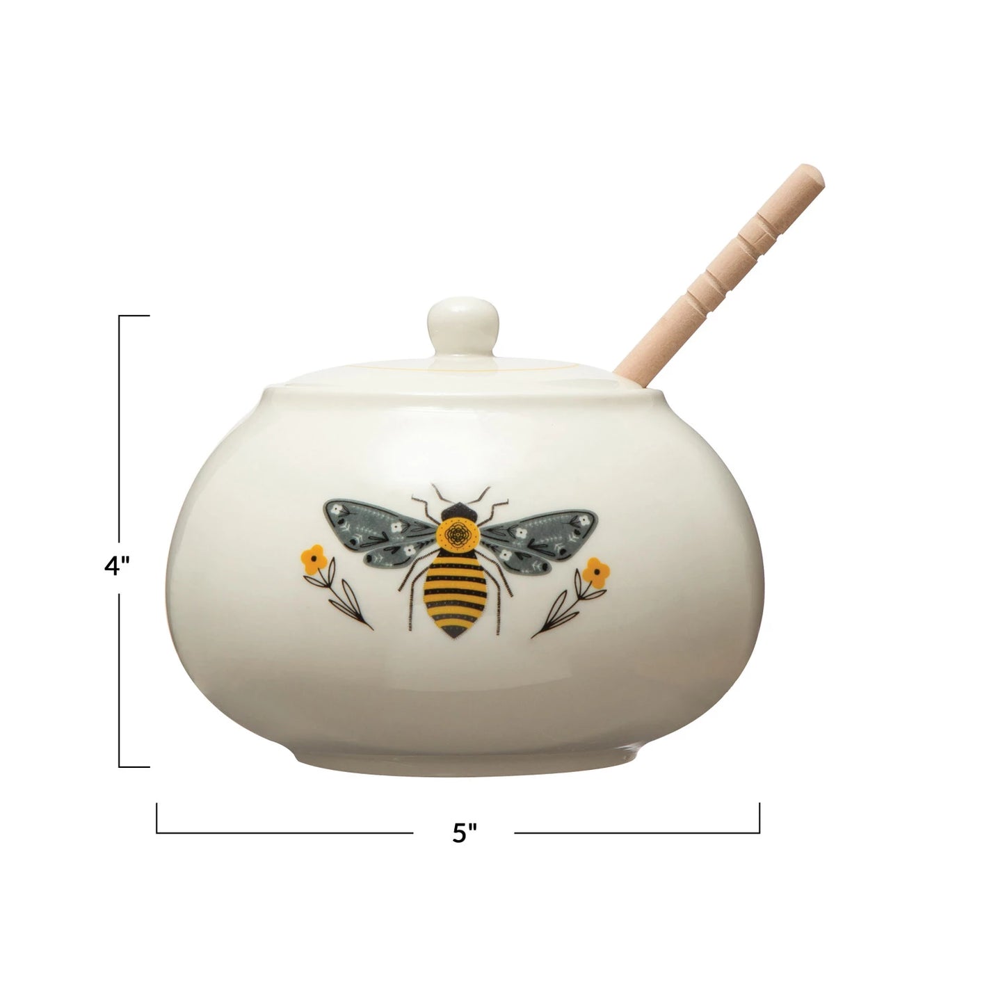Stoneware Honey Pot w/ Wood Honey Dipper & Bee, Multi Color
