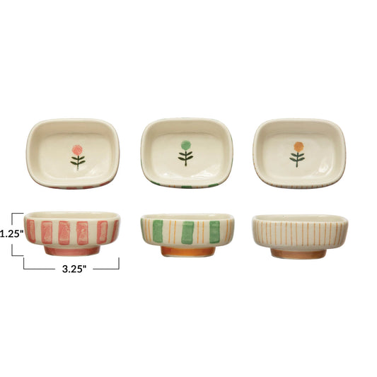 Hand-Painted Stoneware Dish w/ Stripes & Flower