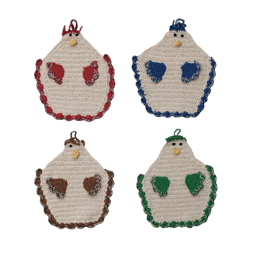 Pot Holder Cotton Crocheted Chicken Shaped, 4 Colors