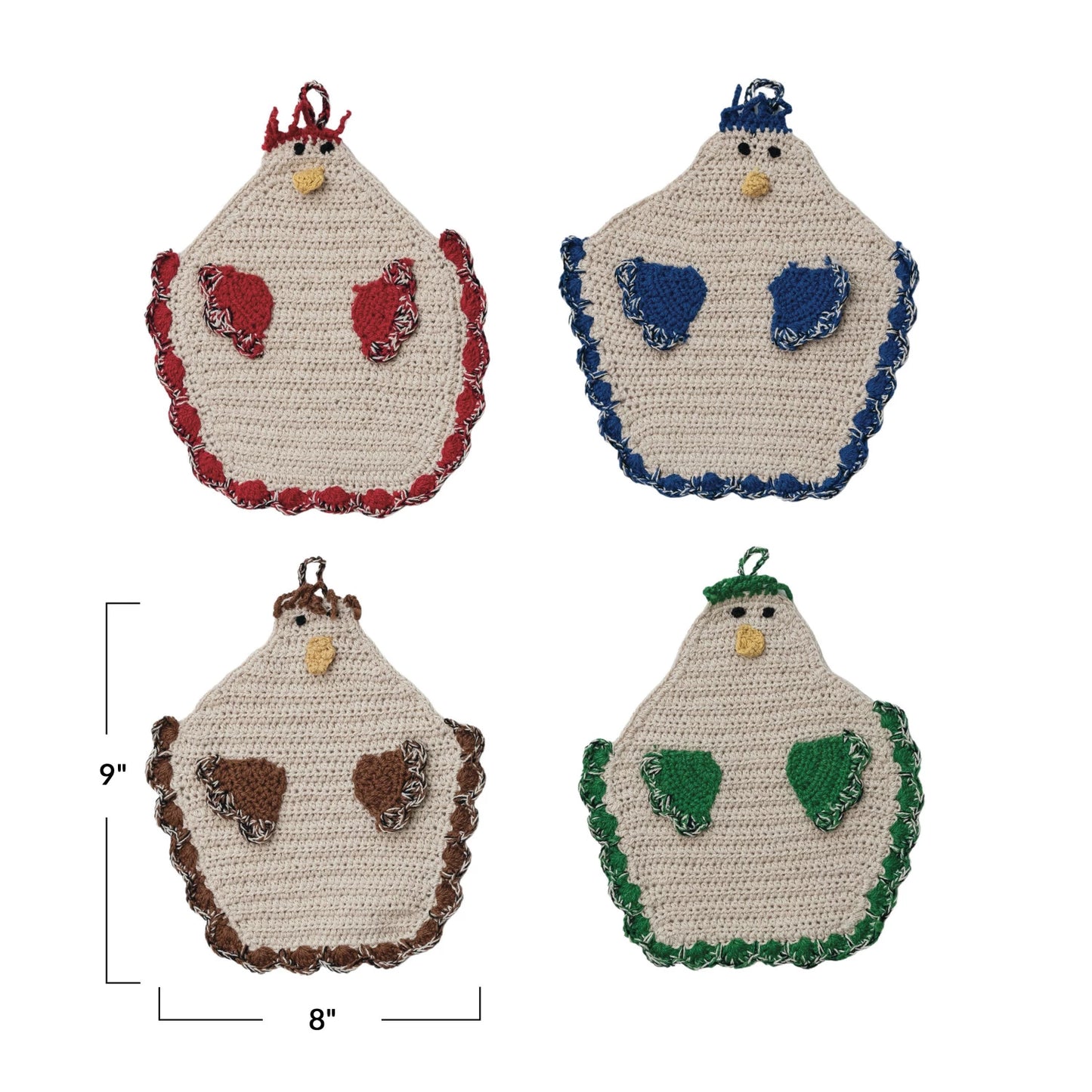 Pot Holder Cotton Crocheted Chicken Shaped, 4 Colors