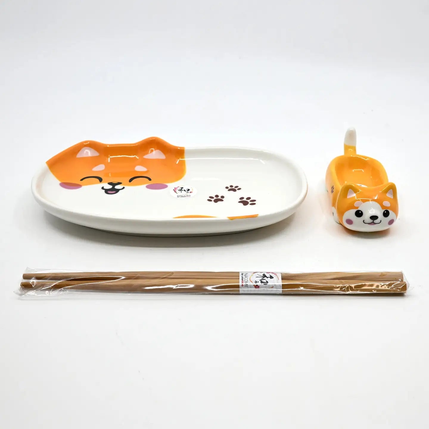 3 Piece Shiba Inu 8"L Porcelain Sushi Serving Plate w/ Sauce Dish and Chopsticks Set