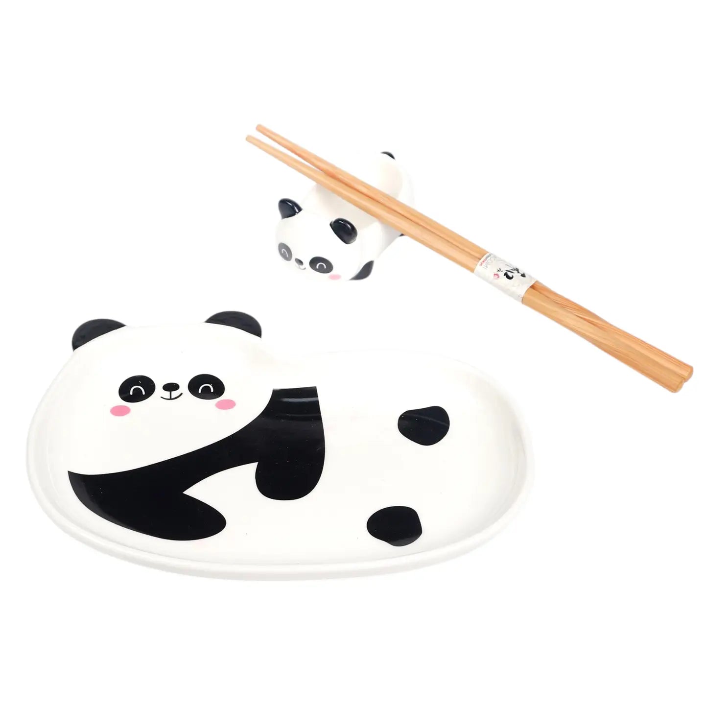 3 Piece Panda 8"L Porcelain Sushi Serving Plate w/ Sauce Dish and Chopsticks Set
