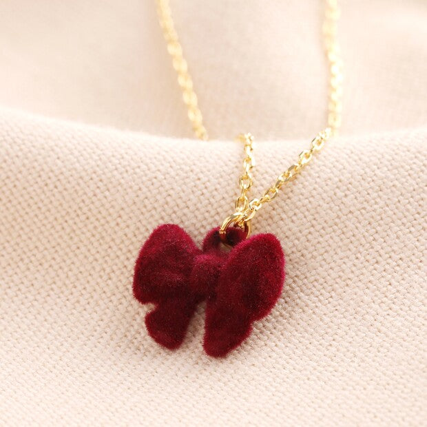 Red Velvet Bow Pendant Necklace in Gold