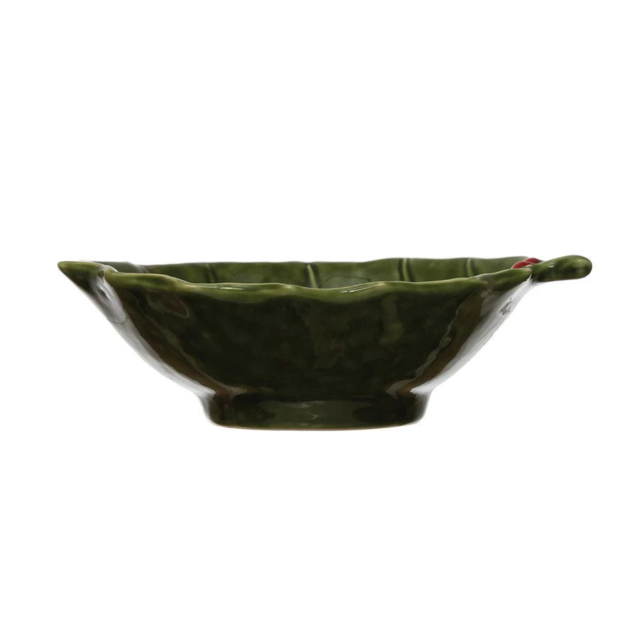 Stoneware Holly Leaf Bowl, Green with Red Berries