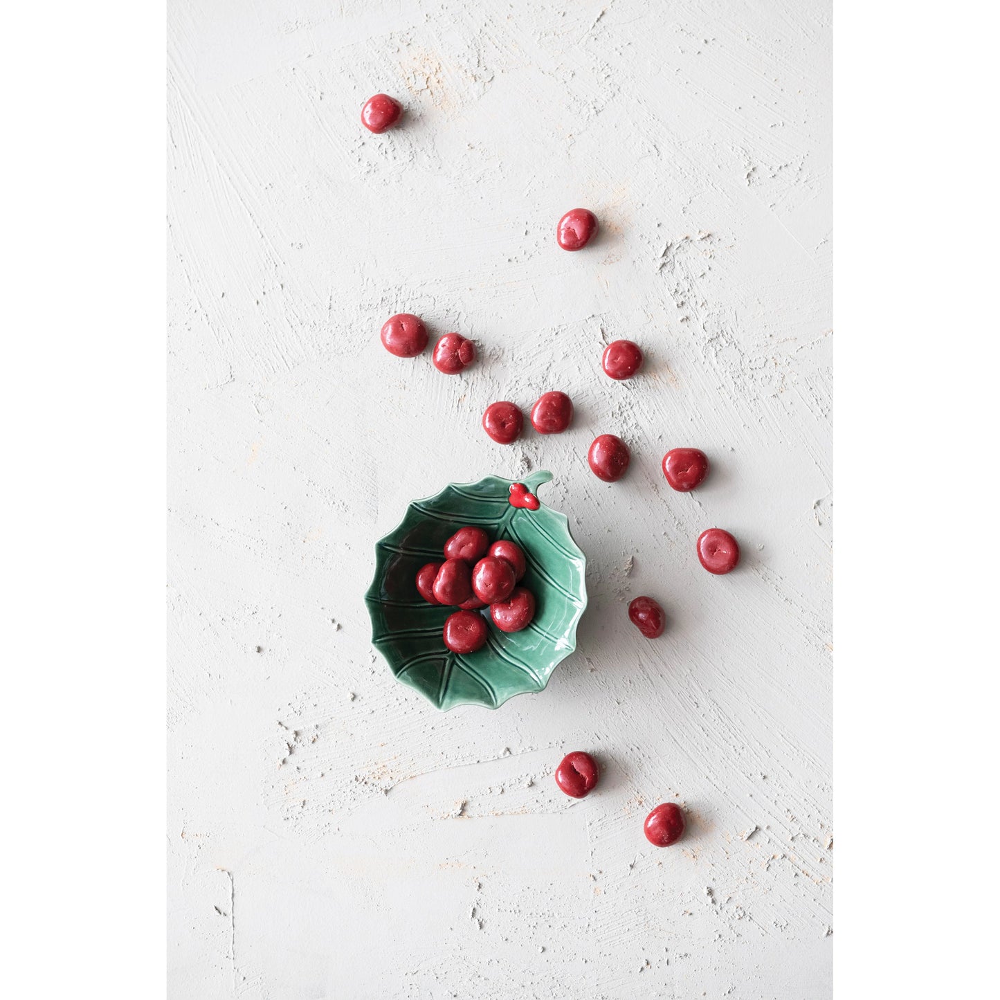 Stoneware Holly Leaf Bowl, Green with Red Berries