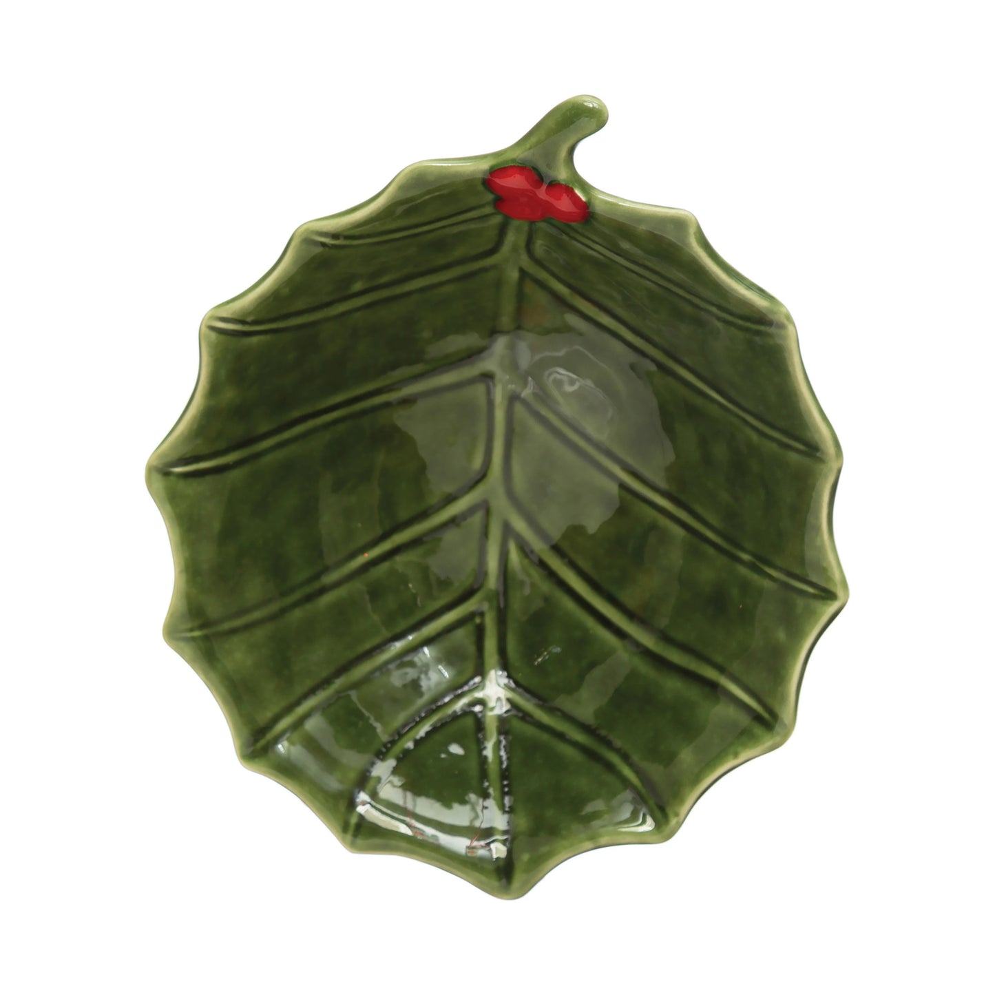 Stoneware Holly Leaf Bowl, Green with Red Berries