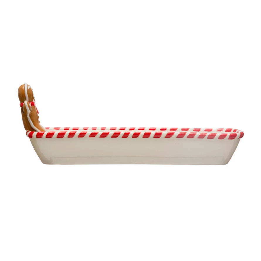 Hand-Painted Ceramic Cracker Dish w/ Candy Cane Edge & Gingerbread Man