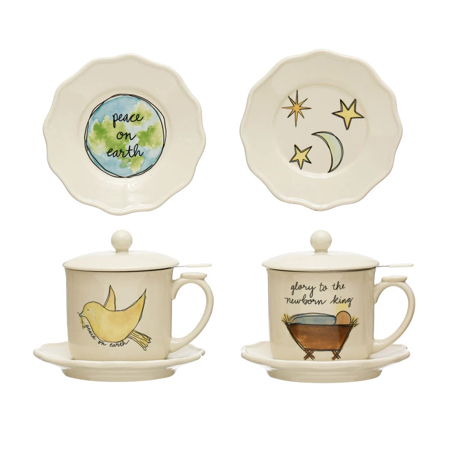 Mug, Saucer, Lid and Strainer,  2 Holiday Styles