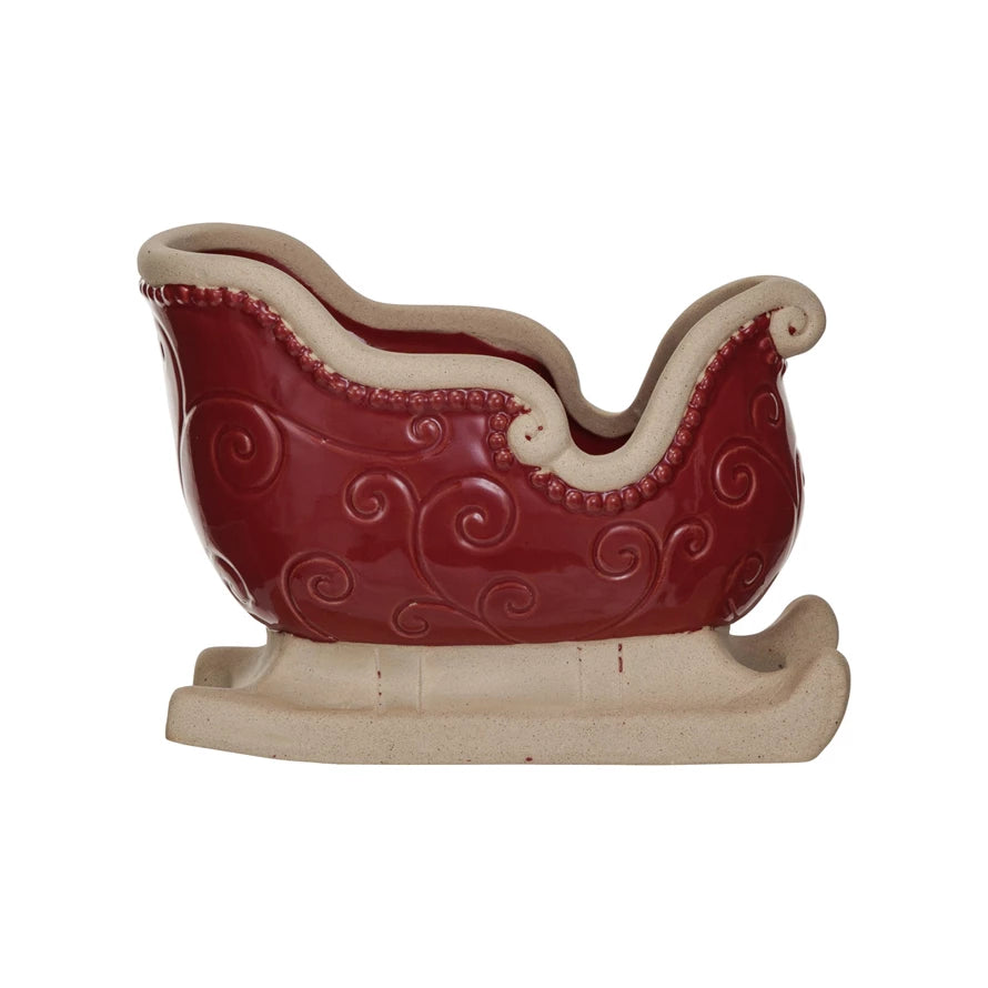 Stoneware Sleigh w/ Debossed Pattern, Red & Unglazed