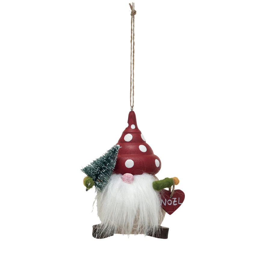 Ornament - Wood Gnome w/ Mushroom Hat, Multi Color