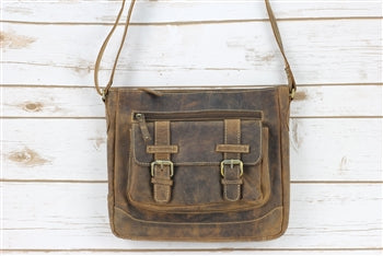 Distressed Brown Leather Front Buckle Pocket Crossbody bag