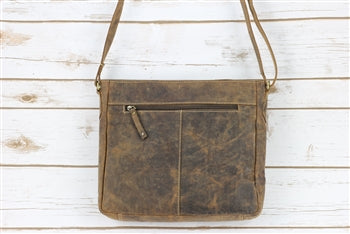 Distressed Brown Leather Front Buckle Pocket Crossbody bag