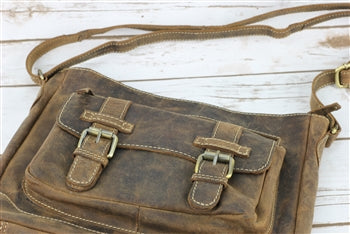 Distressed Brown Leather Front Buckle Pocket Crossbody bag