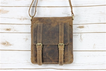 Distressed Brown Leather Front Pocket Crossbody Bag