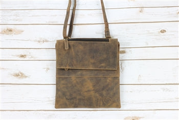 Distressed Brown Leather Slim Flap Over Crossbody Bag