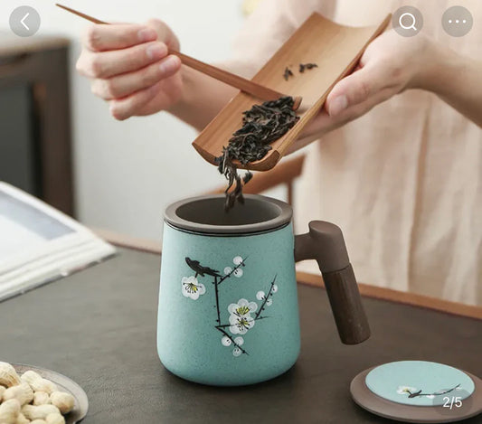 Wood-Handle Purple Clay Tea Mug w/ Strainer   Hand painted