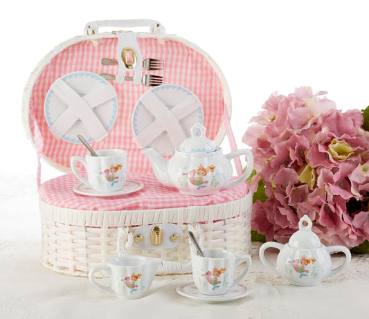 Delton Porcelain 15-Peice Tea Set in White Basket, LITTLE MERMAID