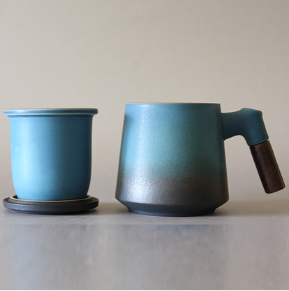 Blue Green Mug/Wooden Handle with strainer