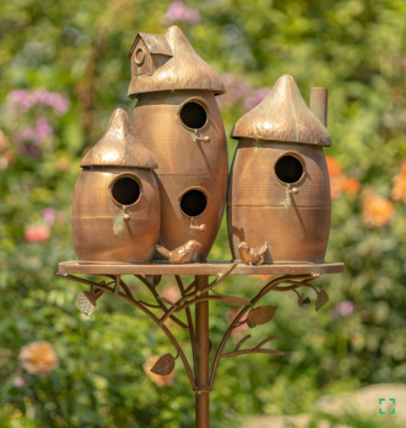 BIRDHOUSE -ROUNDED TRIPLE BIRDHOUSE STAKE WITH MUSHROOM CAP ROOF IN ANTIQUE COPPER