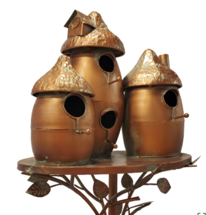 BIRDHOUSE -ROUNDED TRIPLE BIRDHOUSE STAKE WITH MUSHROOM CAP ROOF IN ANTIQUE COPPER